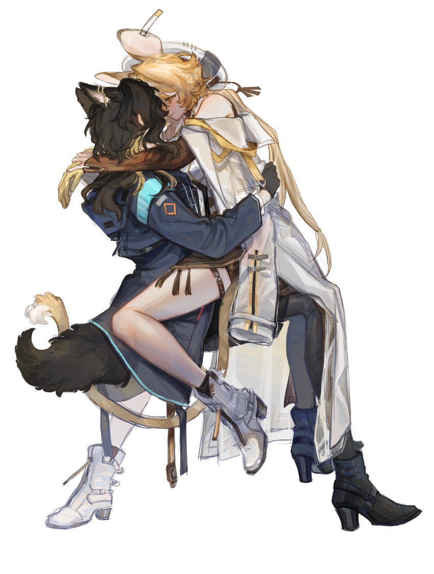 2girls, absurdres, animal_ears, arknights, arm_around_neck, black_footwear, black_gloves, black_pantyhose, blonde_hair, blue_coat, boots, closed_mouth, coat, commentary, doctor_(arknights), dog_ears, dog_girl, dog_tail, dorothy_(arknights), english_commentary, female_doctor_(arknights), full_body, gloves, high_heel_boots, high_heels, highres, long_sleeves, mouse_ears, mouse_girl, mouse_tail, multiple_girls, off_shoulder, pantyhose, sashimi_kimochi, sitting, sitting_on_lap, sitting_on_person, smile, tail, white_coat, white_footwear, yuri