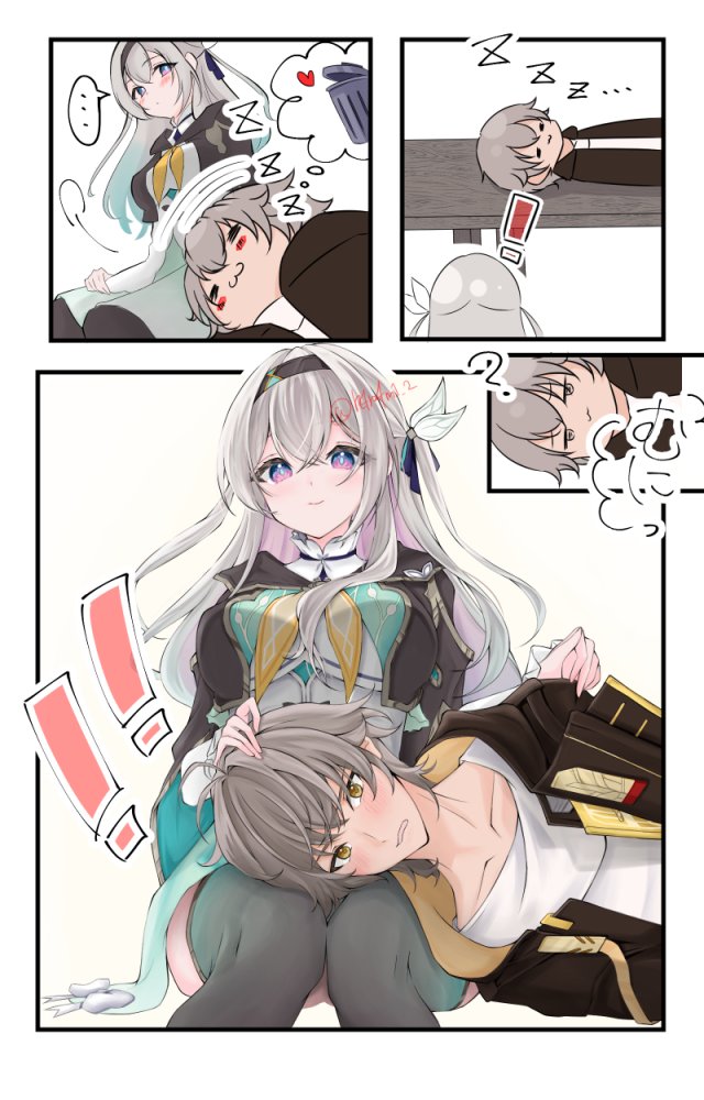 1boy, 1girl, :3, black_coat, black_hairband, blush, breasts, caelus_(honkai:_star_rail)