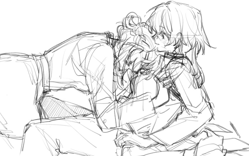 2girls, between_legs, blush, chief_(path_to_nowhere), commentary_request, female_chief_(path_to_nowhere), greyscale, hand_on_another's_shoulder