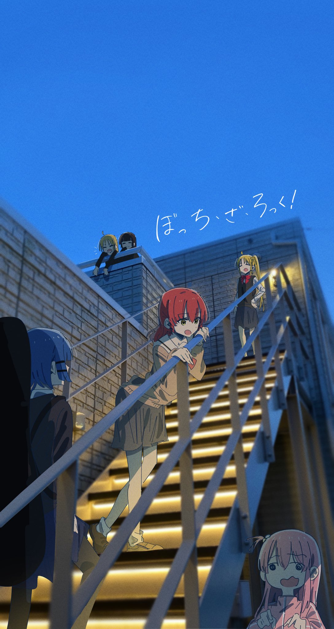 6+girls, 818_seki, ahoge, black_skirt, blonde_hair, blue_hair, bocchi_the_rock!, brown_cardigan, brown_footwear, cardigan, closed_eyes, collared_shirt, commentary_request, copyright_name, cube_hair_ornament, evening, gotoh_hitori, green_eyes, hair_ornament, highres, ijichi_nijika, ijichi_seika, instrument_case, instrument_on_back, jacket, kita_ikuyo, long_hair, long_sleeves, looking_at_another, miniskirt, multiple_girls, on_stairs, one_side_up, open_mouth, outdoors, pa-san, photo_background, pink_hair, pink_jacket, pleated_skirt, redhead, sailor_collar, school_uniform, shimokitazawa_high_school_uniform, shirt, shoes, short_hair, shuka_high_school_uniform, side_ponytail, sidelocks, skirt, smile, socks, stairs, standing, track_jacket, translated, very_long_hair, wavy_mouth, white_sailor_collar, white_shirt, white_socks, yamada_ryo