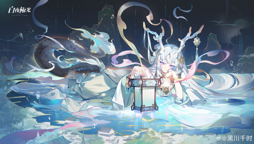 absurdres, alchemy_stars, antlers, blue_hair, bubble, character_request, chinese_commentary, commentary_request