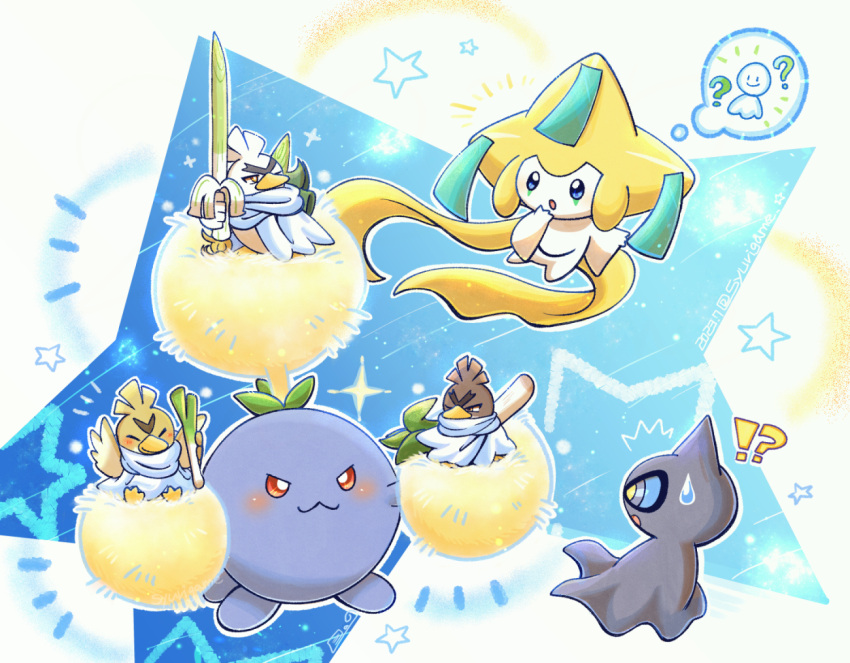 :3, blue_eyes, bright_pupils, brown_eyes, closed_eyes, farfetch'd, food, galarian_farfetch'd