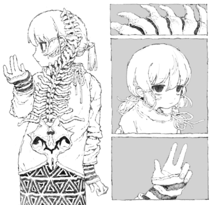 1girl, arm_at_side, aromemi, bags_under_eyes, blurry, bone, closed_mouth, contrapposto