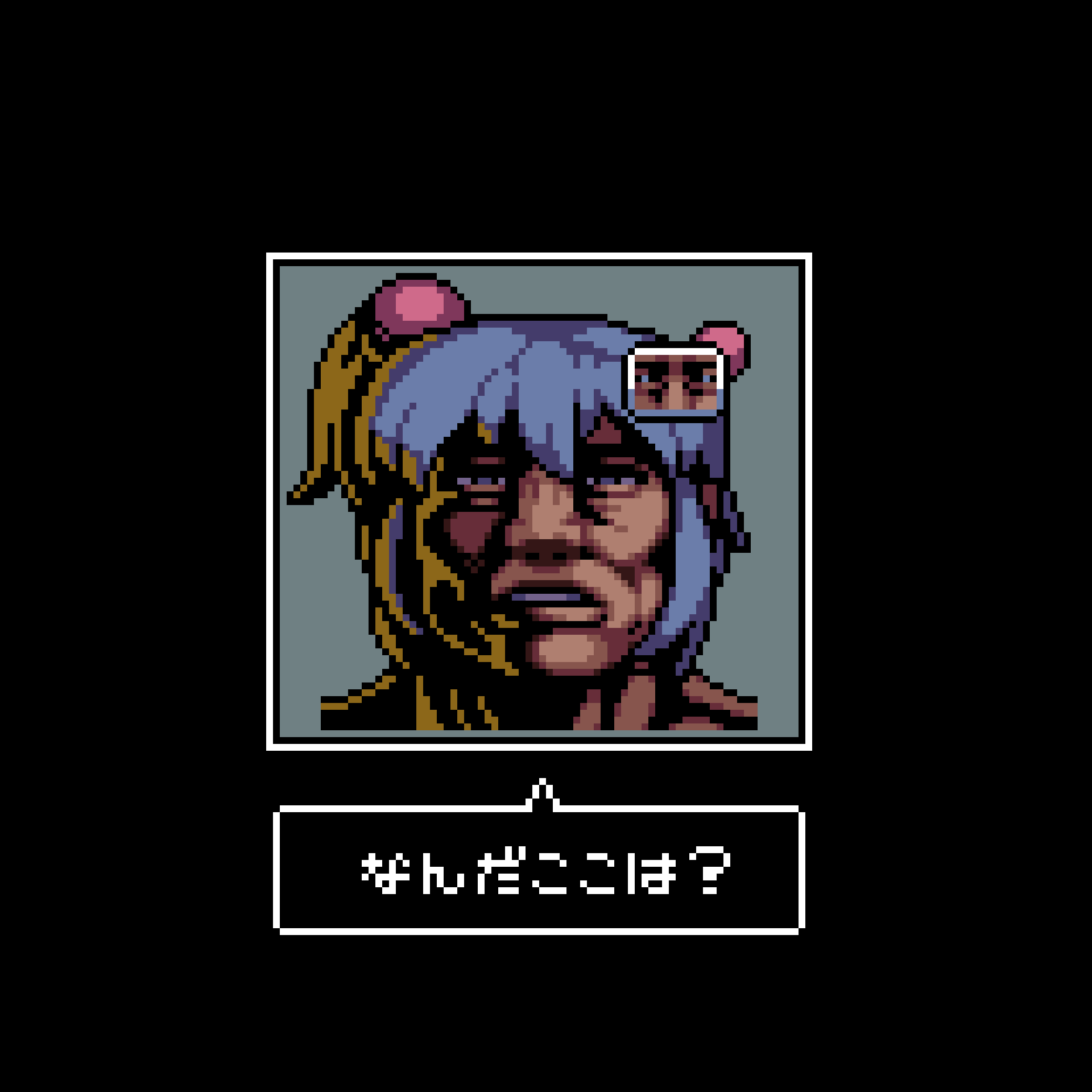 1girl, black_border, bombergirl, bomberman, border, commentary_request, contra, grey_background, grey_hair, hair_bobbles, hair_ornament, highres, looking_at_viewer, man_face, one_side_up, parody, pixel_art, shiro_(bombergirl), short_hair, simple_background, solo, super_contra, tonchamon_san, translation_request, upper_body, white_bomberman
