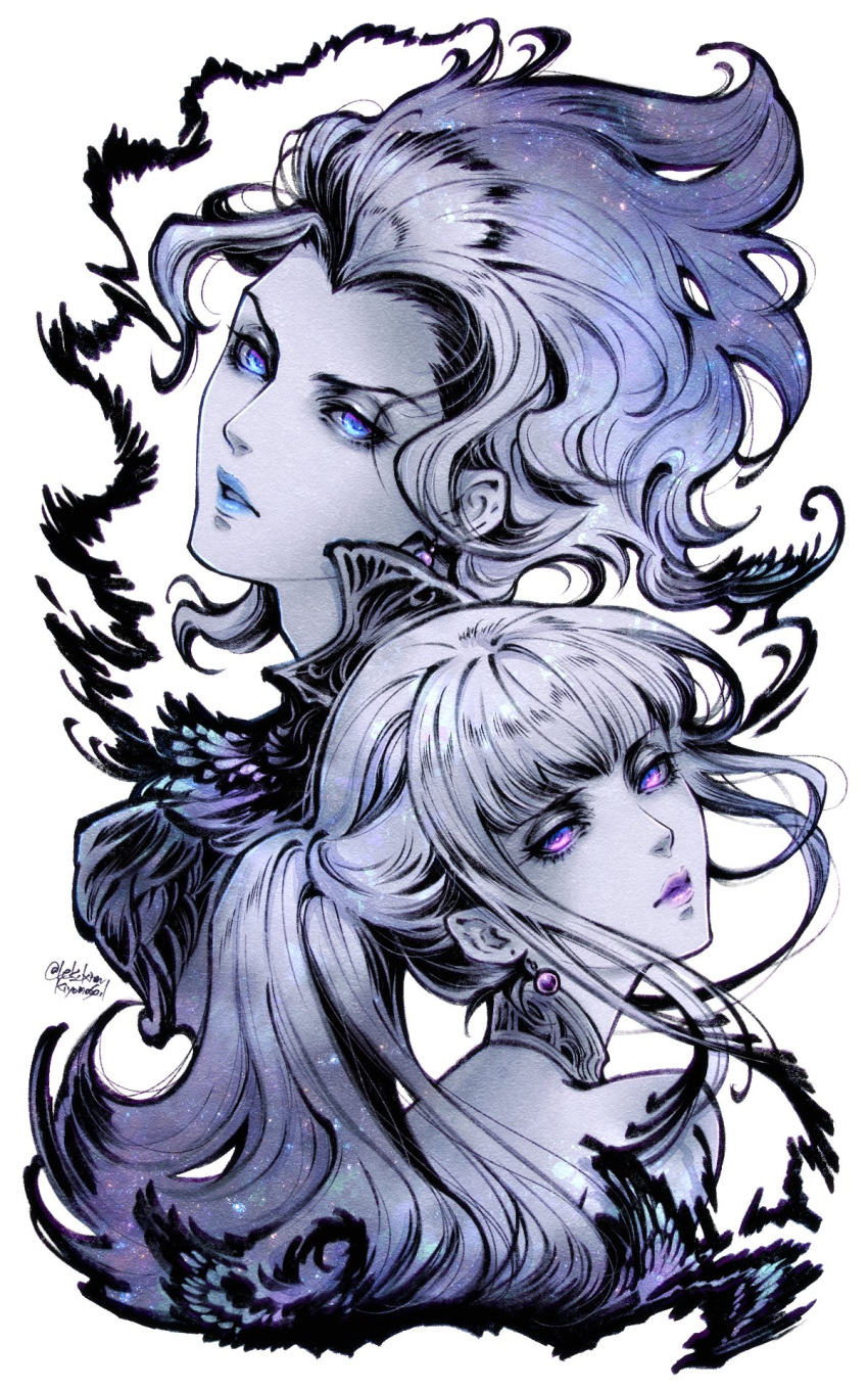 1boy, 1girl, artist_name, bare_shoulders, blue_eyes, blue_hair, blue_lips, colored_skin