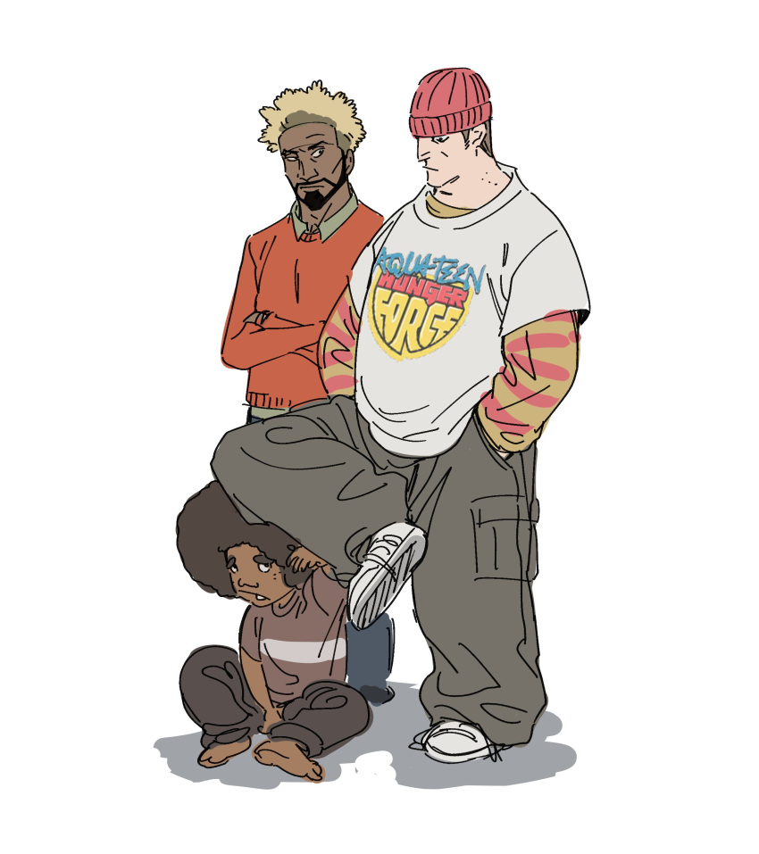3boys, absurdres, aqua_teen_hunger_force, black_pants, brown_hair, child, closed_mouth, dark-skinned_male