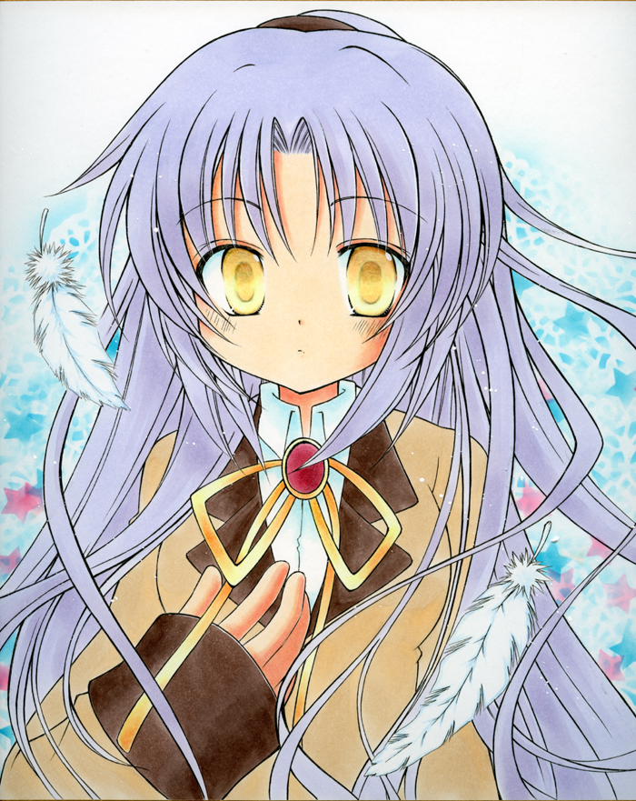 blazer, blue_hair, feathers, kazra, long_hair, purple_hair, school_uniform, shikishi