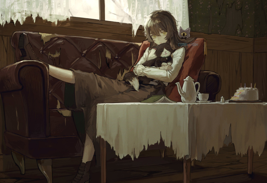 1girl, animal, black_footwear, black_hair, cake, cat, cat_on_person, closed_mouth