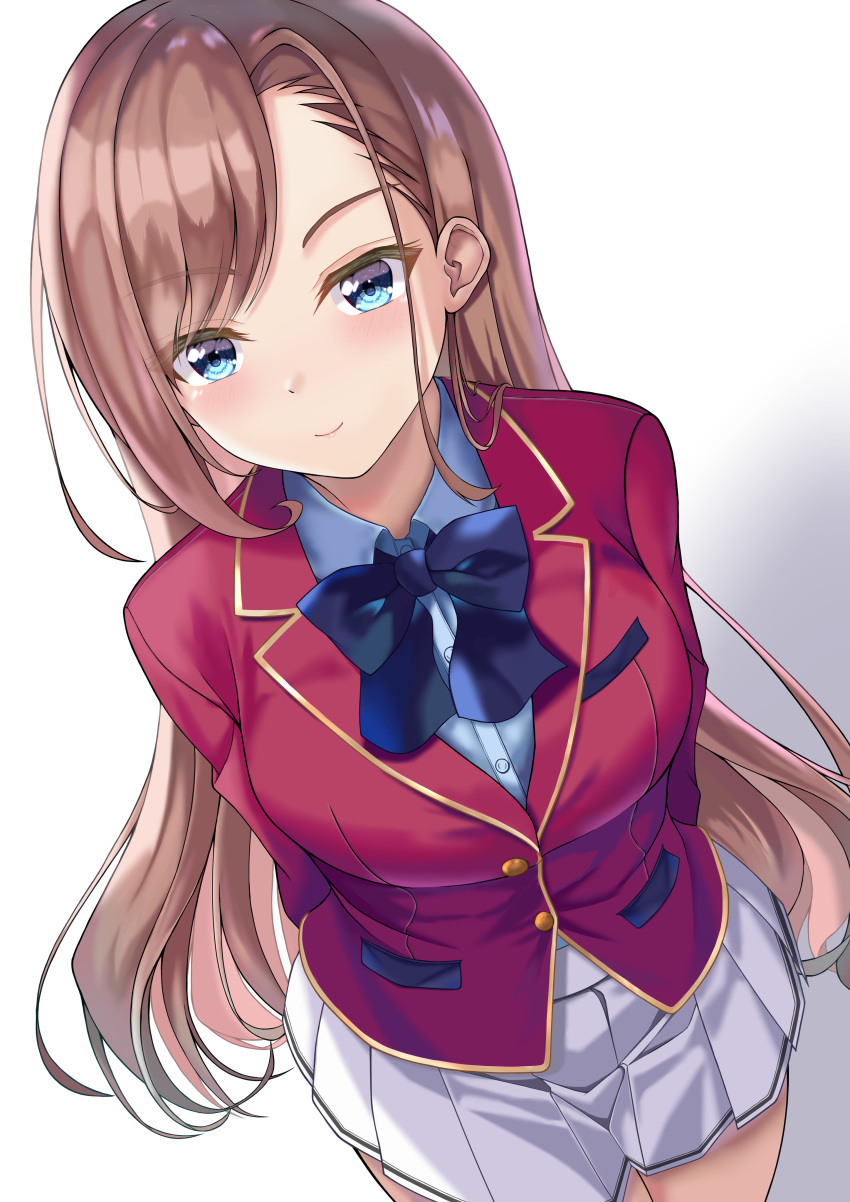 1girl, absurdres, advanced_nurturing_high_school_uniform, arms_behind_back, asymmetrical_bangs, blazer, blue_bow, blue_bowtie