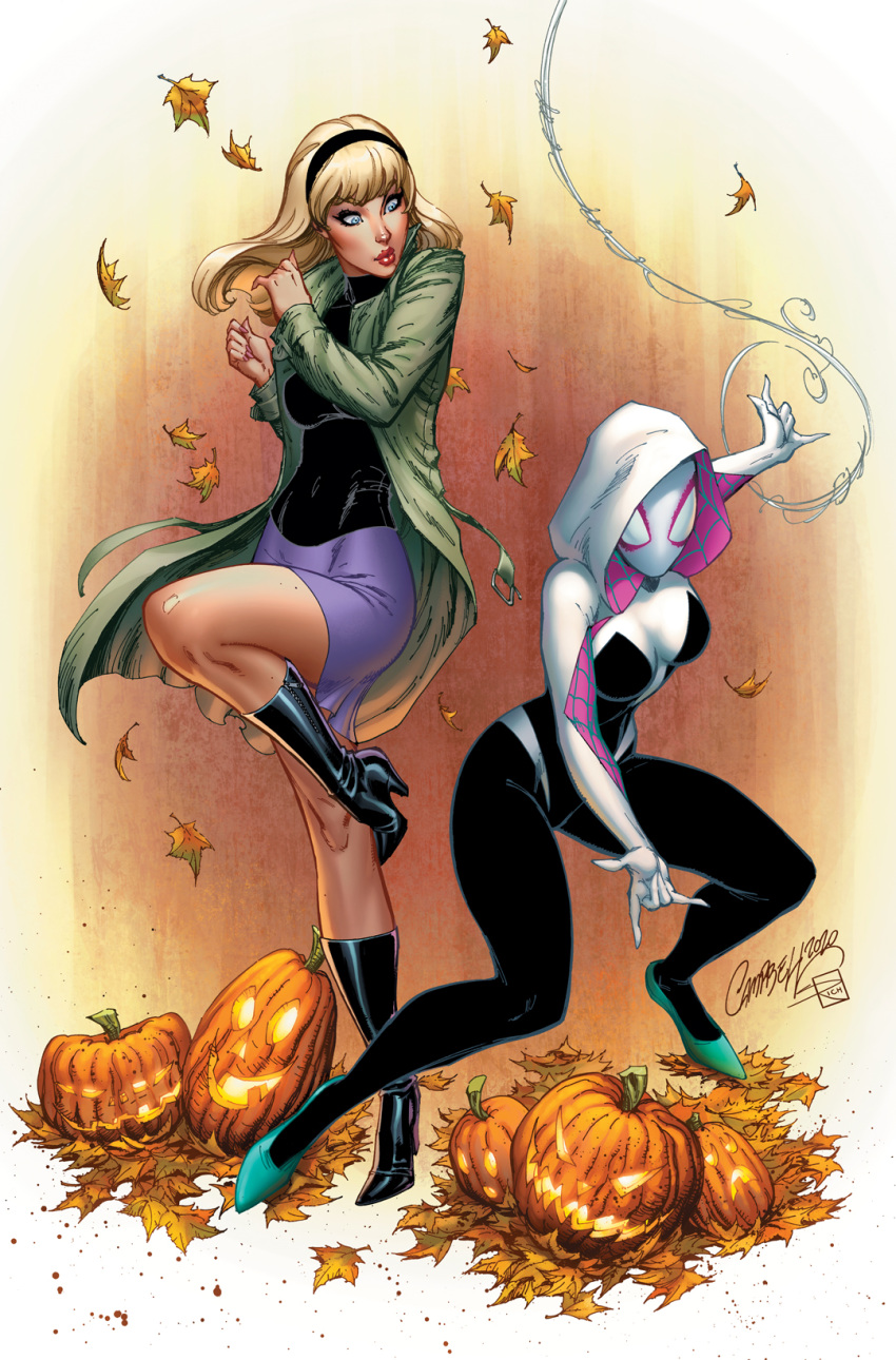 2girls, autumn_leaves, black_bodysuit, black_footwear, black_hairband, black_shirt, blonde_hair, blue_eyes