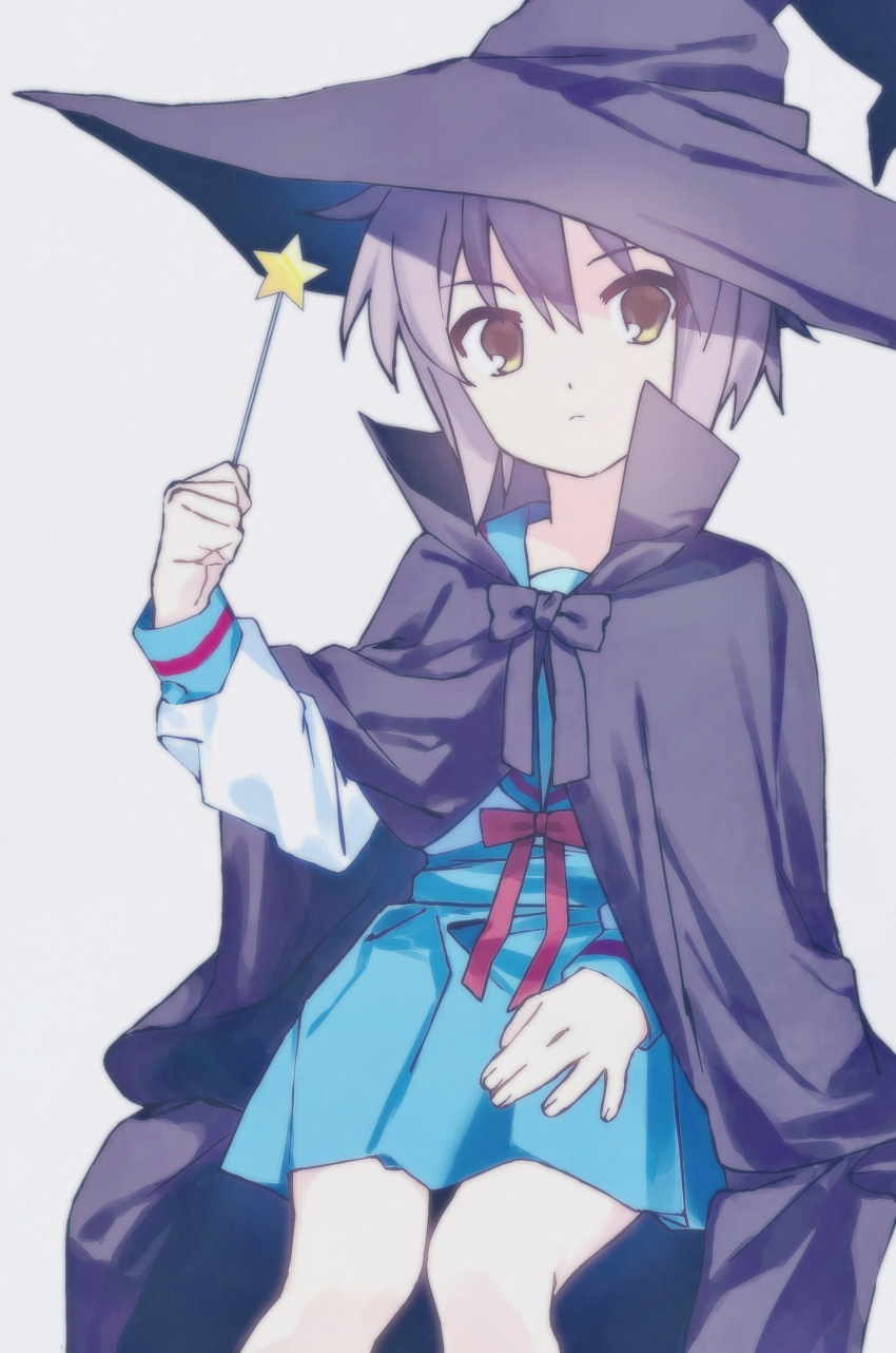 1girl, absurdres, black_cloak, blue_sailor_collar, blue_skirt, brown_eyes, cloak, closed_mouth, commentary_request, expressionless, hidadihida05, highres, holding, holding_wand, kita_high_school_uniform, long_sleeves, nagato_yuki, purple_hair, red_ribbon, ribbon, sailor_collar, school_uniform, serafuku, short_hair, simple_background, skirt, solo, star_wand, suzumiya_haruhi_no_yuuutsu, wand, white_background, winter_uniform