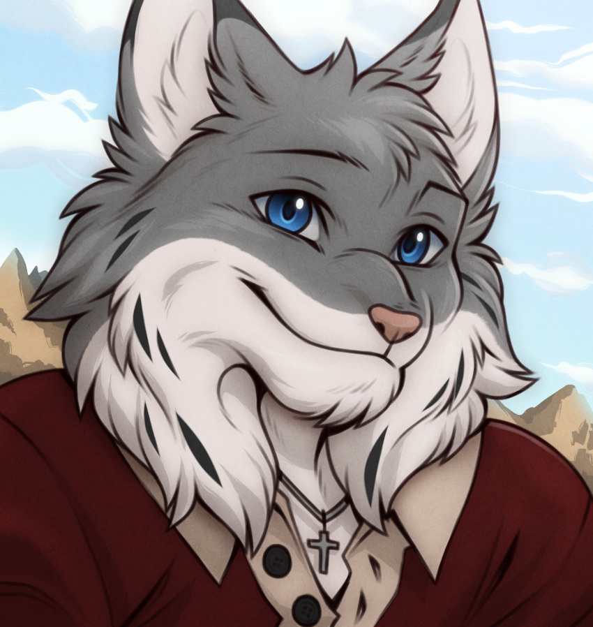 1boy, aluminemsiren_(orion), blue_eyes, blue_sky, clouds, cloudy_sky, cross_pendant, echo_(visual_novel), echo_project, furry, furry_male, highres, jewelry, looking_at_viewer, male_focus, mountainous_horizon, necklace, red_shirt, shirt, sky, smile, tj_hess, upper_body