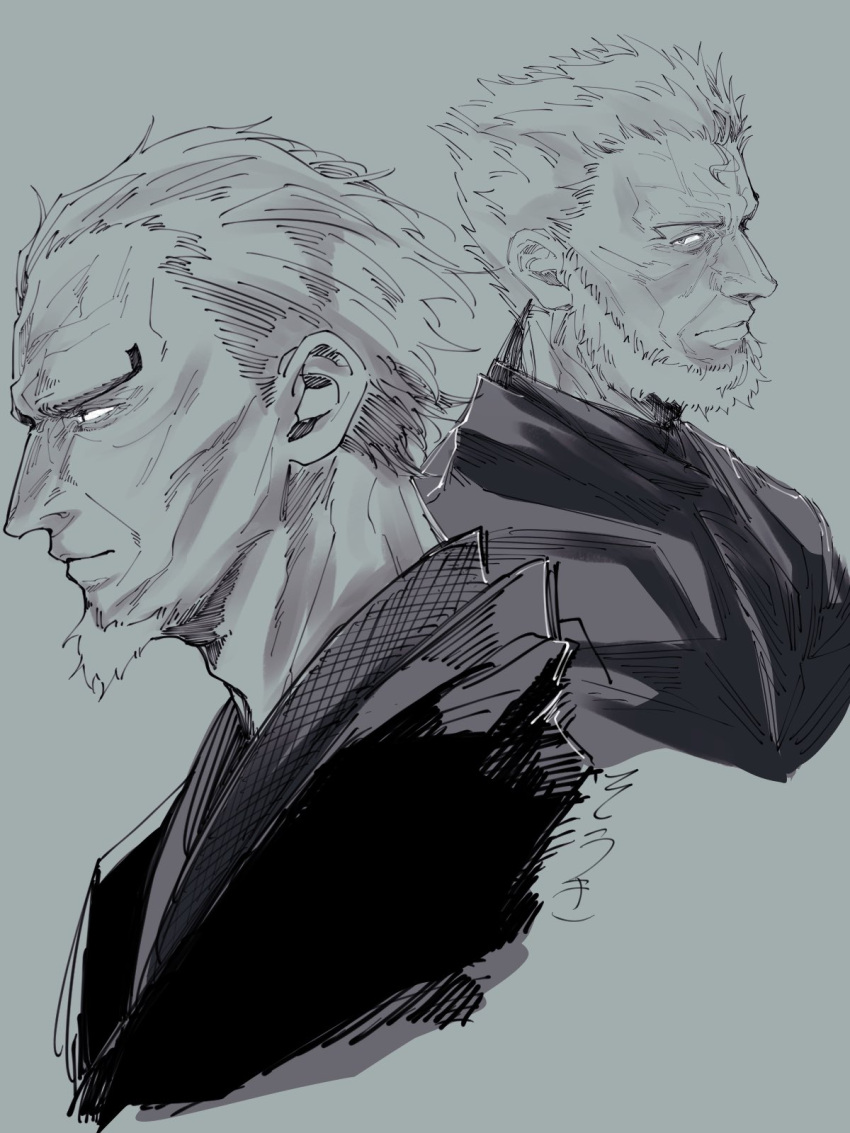 2boys, adam's_apple, akane-banashi, arakawa_isshou, beard, cheekbones, facial_hair, greyscale, hair_slicked_back, highres, japanese_clothes, kashiwaya_miroku, kimono, male_focus, monochrome, multiple_boys, old, old_man, souki1203