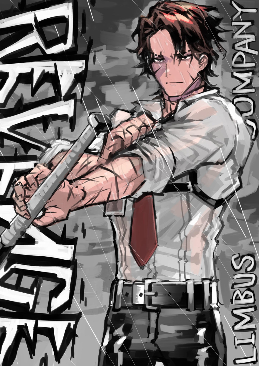 1boy, baseball_bat, belt, black_belt, black_eyes, black_pants, brown_hair, cowboy_shot