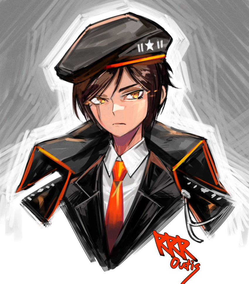 1girl, absurdres, beret, black_cape, black_coat, black_hat, brown_hair, cape