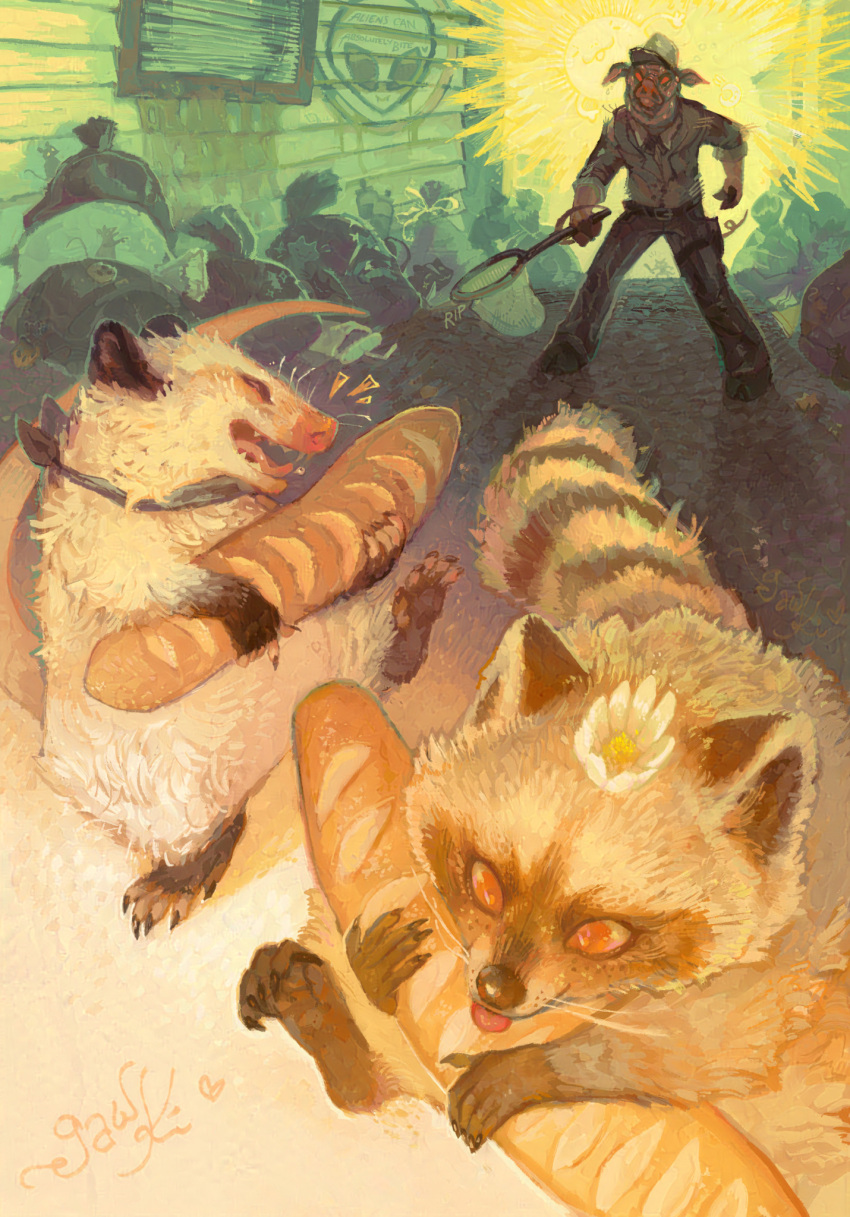 1boy, 2others, baguette, bread, butterfly_net, clip_studio_paint_(medium), english_text, flower, food, furry, furry_male, gawki, graffiti, grey_shirt, hand_net, highres, holding, holding_food, mouse_(animal), multiple_others, open_mouth, opossum, orange_eyes, original, pig_boy, procreate_(medium), raccoon, red_eyes, road, running, sharp_teeth, shirt, signature, slime_(substance), smile, street, sun, sweat, teeth, tongue, tongue_out, trash_bag, white_flower