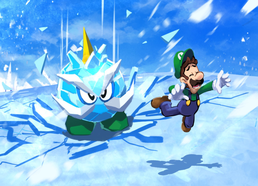 1boy, 1other, blue_overalls, blue_sky, boots, brown_footwear, brown_hair, chief_chilly, closed_eyes, day, facial_hair, gloves, green_hat, ground_shatter, hat, highres, ice, lower_teeth_only, luigi, mustache, open_mouth, outdoors, overalls, shadow, short_hair, sky, super_mario_64_ds, super_mario_bros., teeth, white_gloves, ya_mari_6363