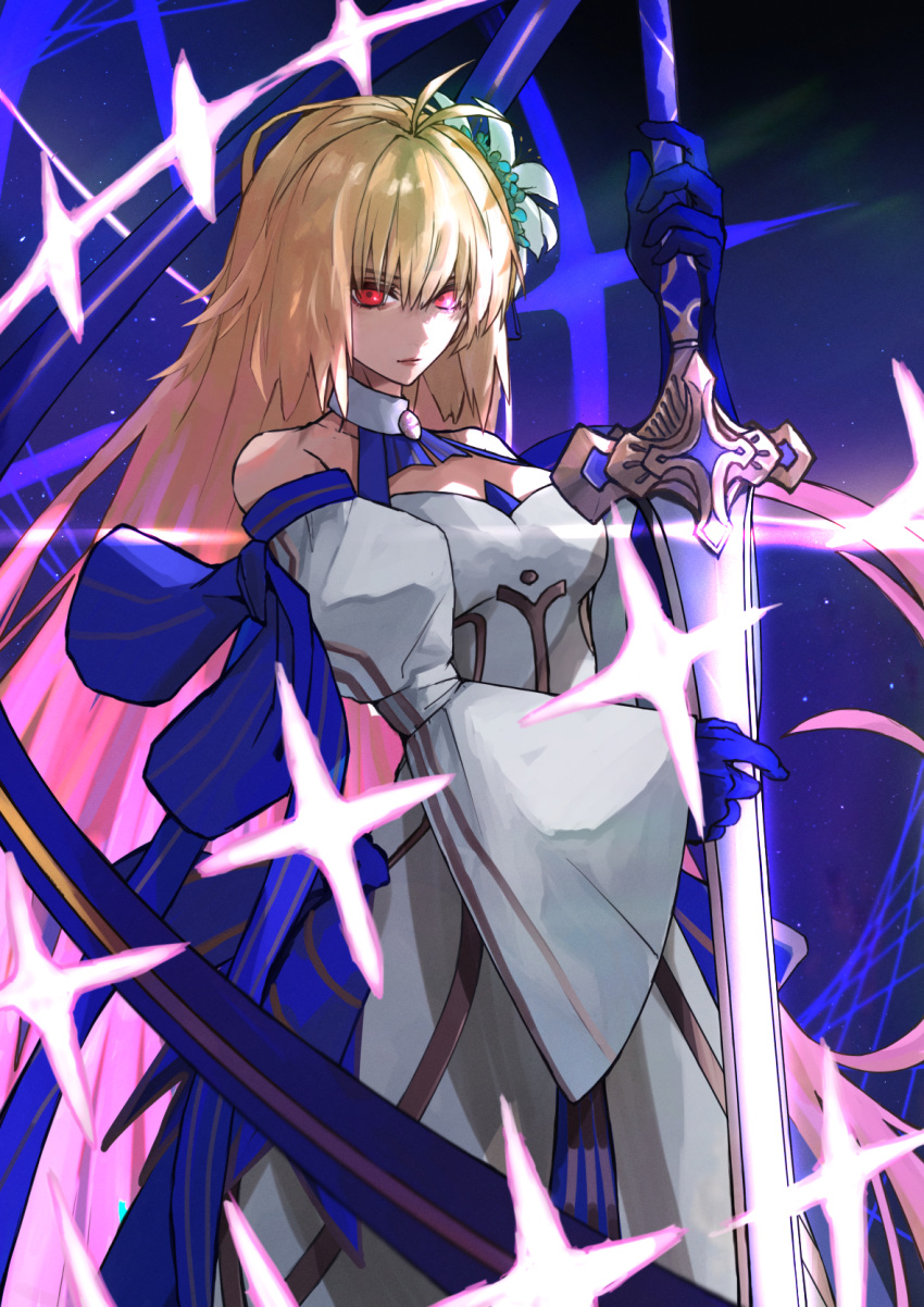 1girl, antenna_hair, archetype_earth, arcueid_brunestud, bare_shoulders, blonde_hair, breasts, detached_sleeves