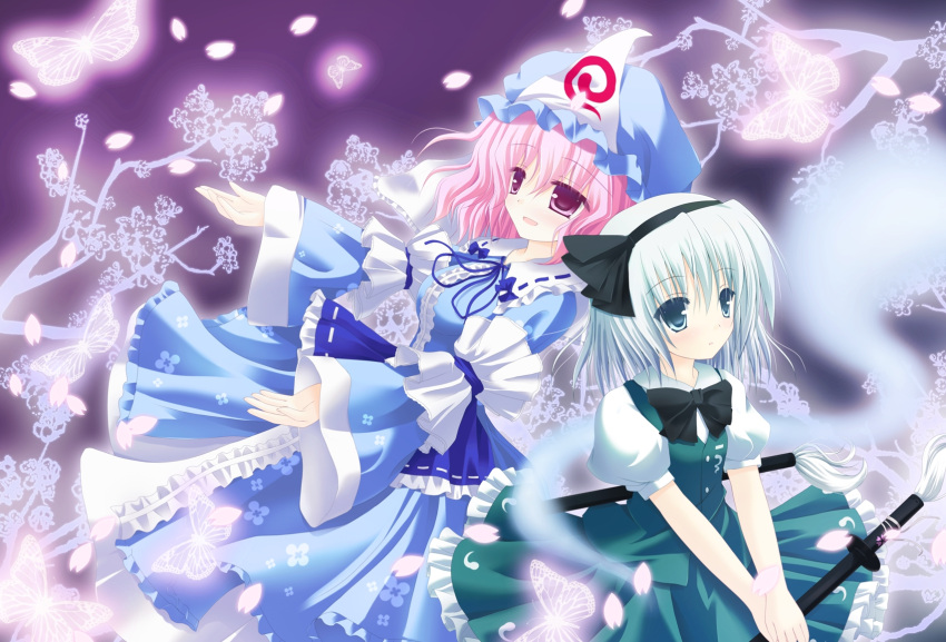 butterfly, hairband, hat, highres, japanese_clothes, konitan, konpaku_youmu, multiple_girls, pink_hair, saigyouji_yuyuko, shimotsuki_keisuke, short_hair, silver_hair, touhou