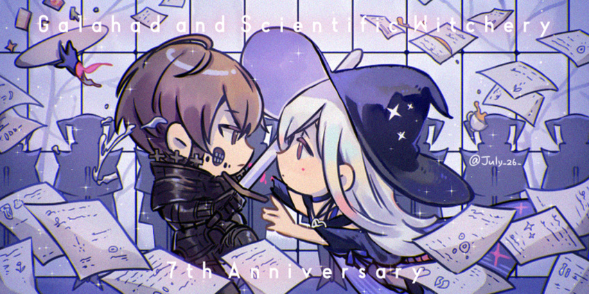 1boy, 1girl, armor, artist_name, black_armor, black_gloves, black_hat, blood