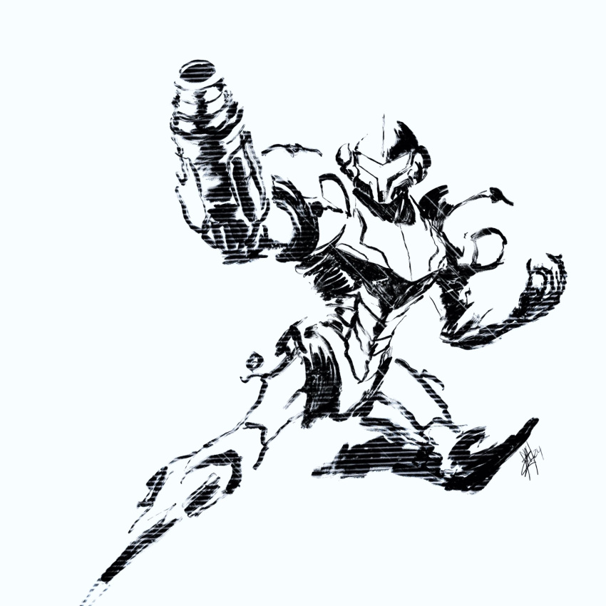 1girl, alzandahh, arm_cannon, armor, assault_visor, commentary, english_commentary, facing_viewer