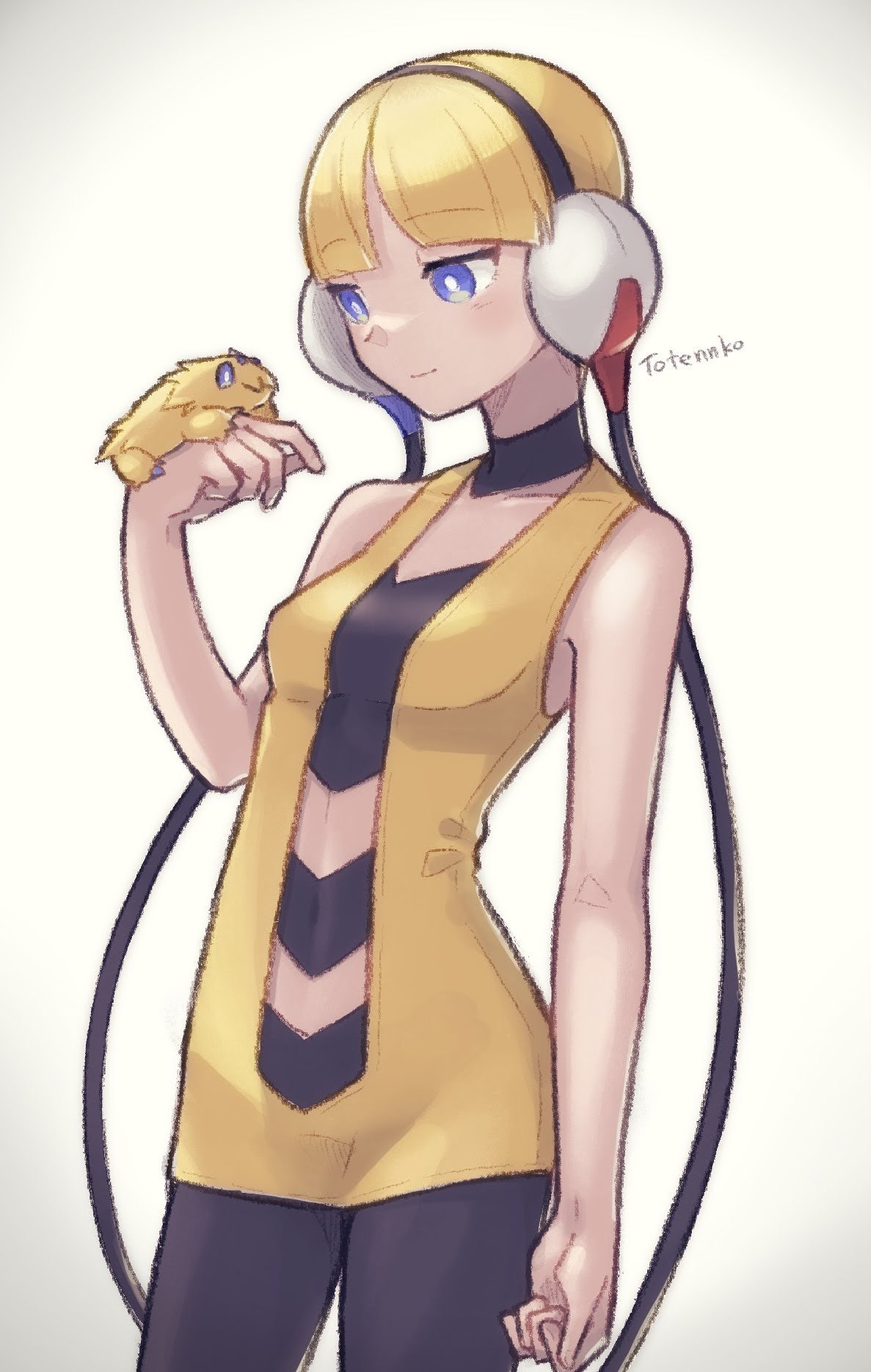 1girl, arms_at_sides, artist_name, bare_arms, bare_shoulders, black_pantyhose, blonde_hair, blue_eyes