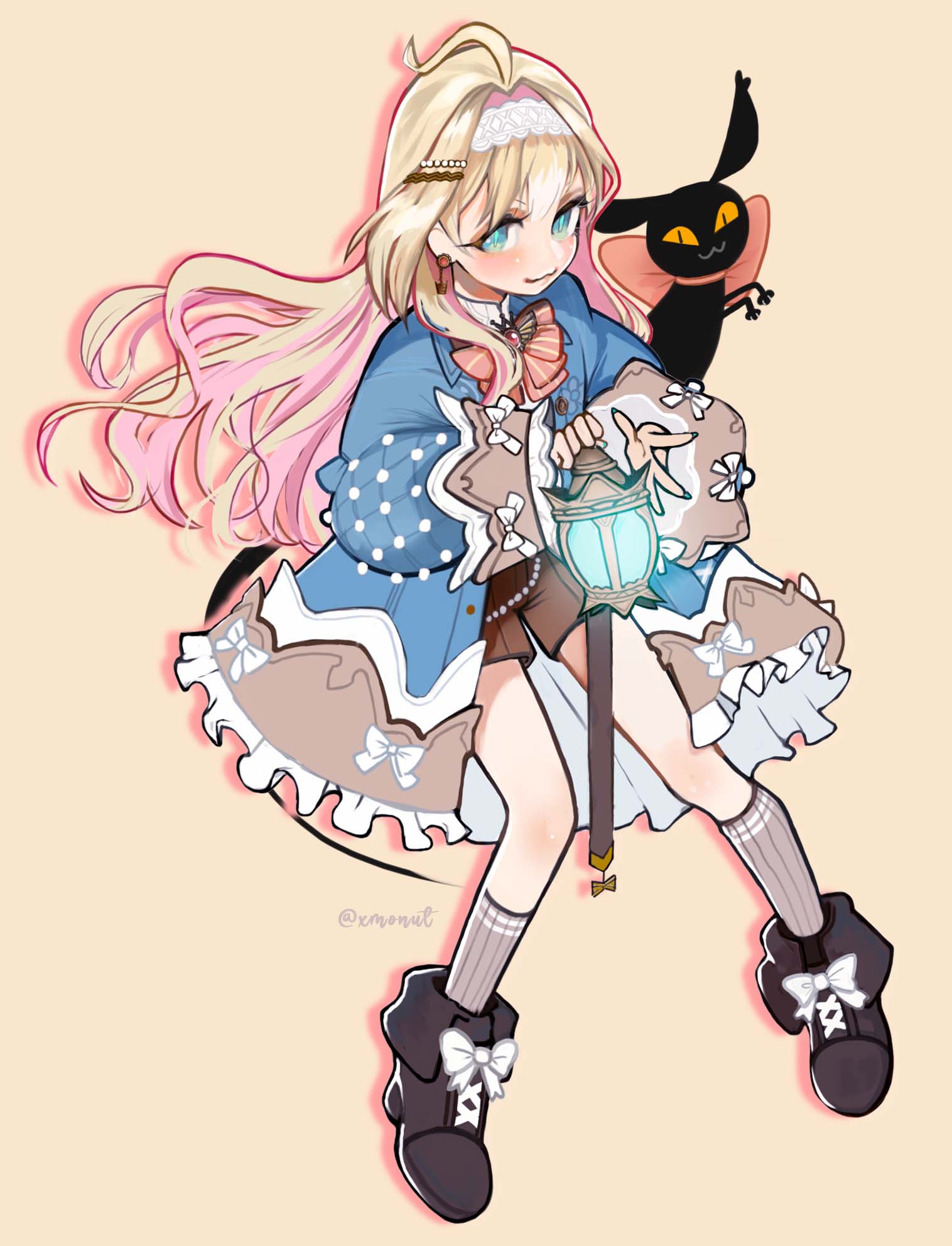 1girl, :3, ahoge, aqua_eyes, aqua_nails, blonde_hair, blue_coat, blush, coat, earrings, full_body, hair_ornament, hairband, hairclip, highres, holding, holding_lantern, jewelry, lace_hairband, lantern, long_hair, looking_at_viewer, lucie_(millie_parfait), millie_parfait, millie_parfait_(4th_costume), nijisanji, nijisanji_en, shorts, twitter_username, white_hairband, xmonut