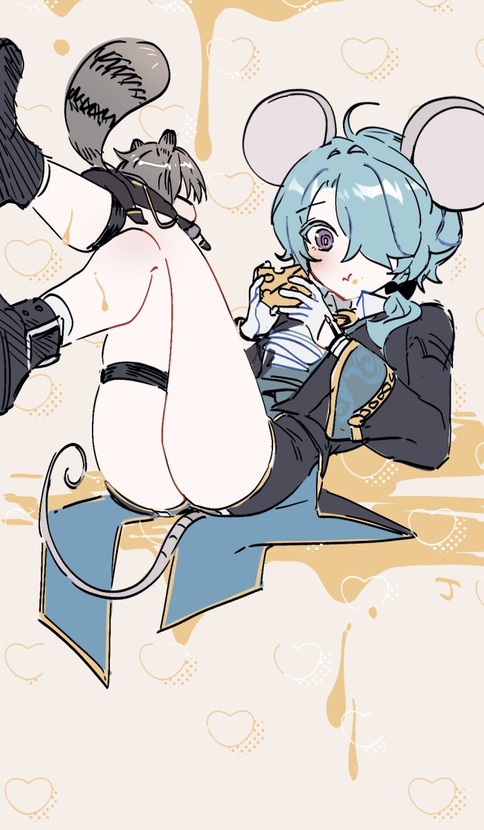 2boys, animal_ears, black_bow, black_coat, black_footwear, black_shorts, blue_hair, bow, cm_(tenji1352), coat, colored_eyelashes, crossed_legs, eating, food, highres, holding, holding_food, honkai:_star_rail, honkai_(series), light_blue_hair, misha_(honkai:_star_rail), mouse_ears, mouse_tail, multiple_boys, raccoon_ears, raccoon_tail, shorts, tail, trailblazer_(honkai:_star_rail), violet_eyes, yellow_background
