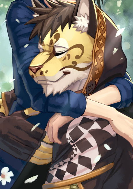 1boy, 1other, animal_ears, animal_print, closed_eyes, commentary_request, fingerless_gloves, flower