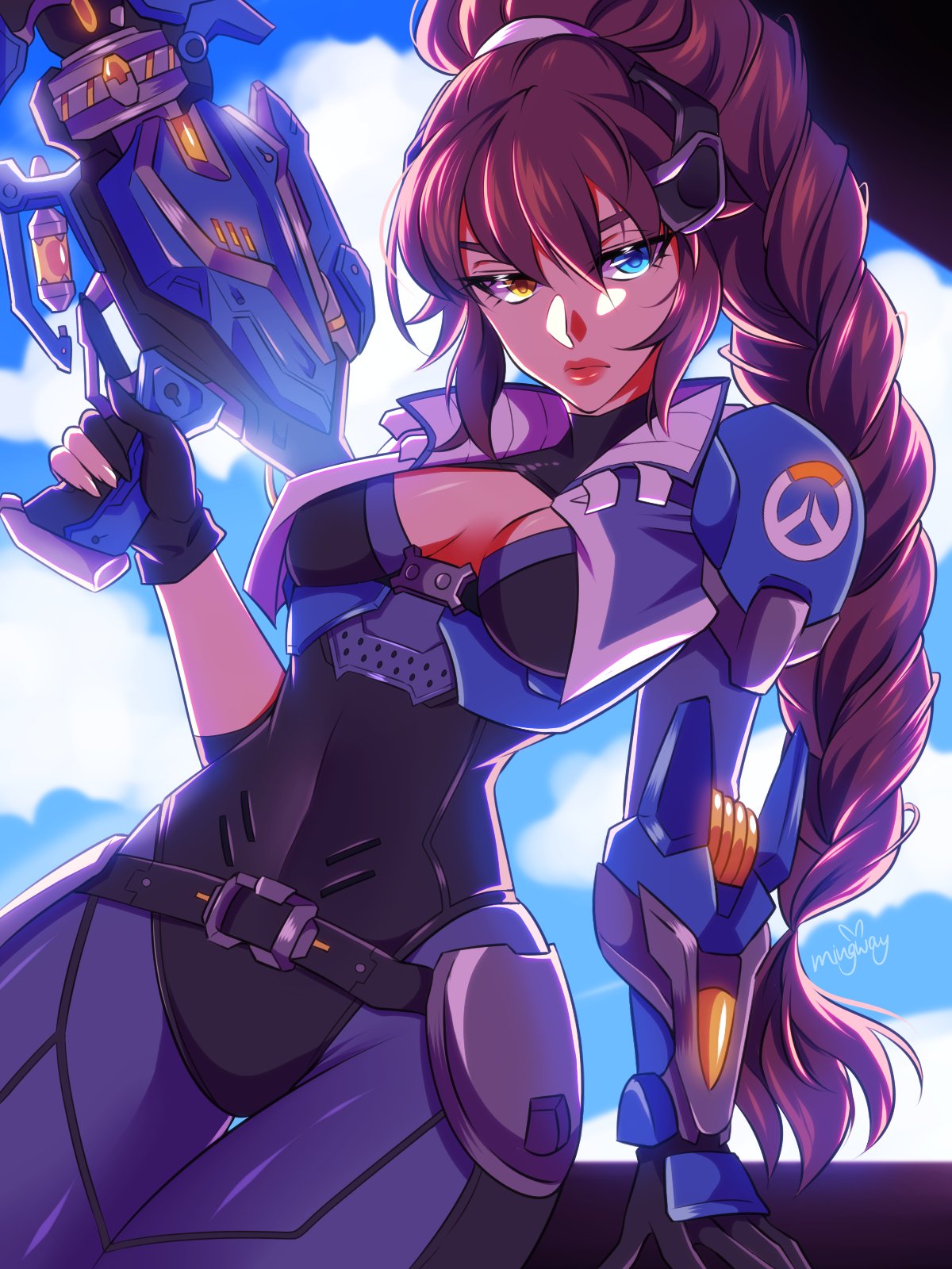 alternate_hair_color, alternate_skin_color, alternate_universe, captain_lacroix, gun, heterochromia, highres, mingway, mirrorwatch_widowmaker, official_alternate_costume, overwatch, overwatch_(logo), overwatch_2, rifle, sniper_rifle, tagme, weapon, widowmaker_(overwatch)