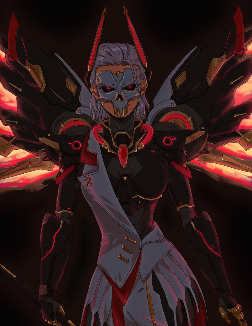 absurdres, alternate_universe, artist_request, black_sclera, colored_sclera, highres, lapel_pin, mask, mechanical_wings, mercy_(overwatch), mirrorwatch_mercy, official_alternate_costume, overwatch, overwatch_2, red_eyes, skull_mask, tagme, vengeance_mercy, white_hair, wings