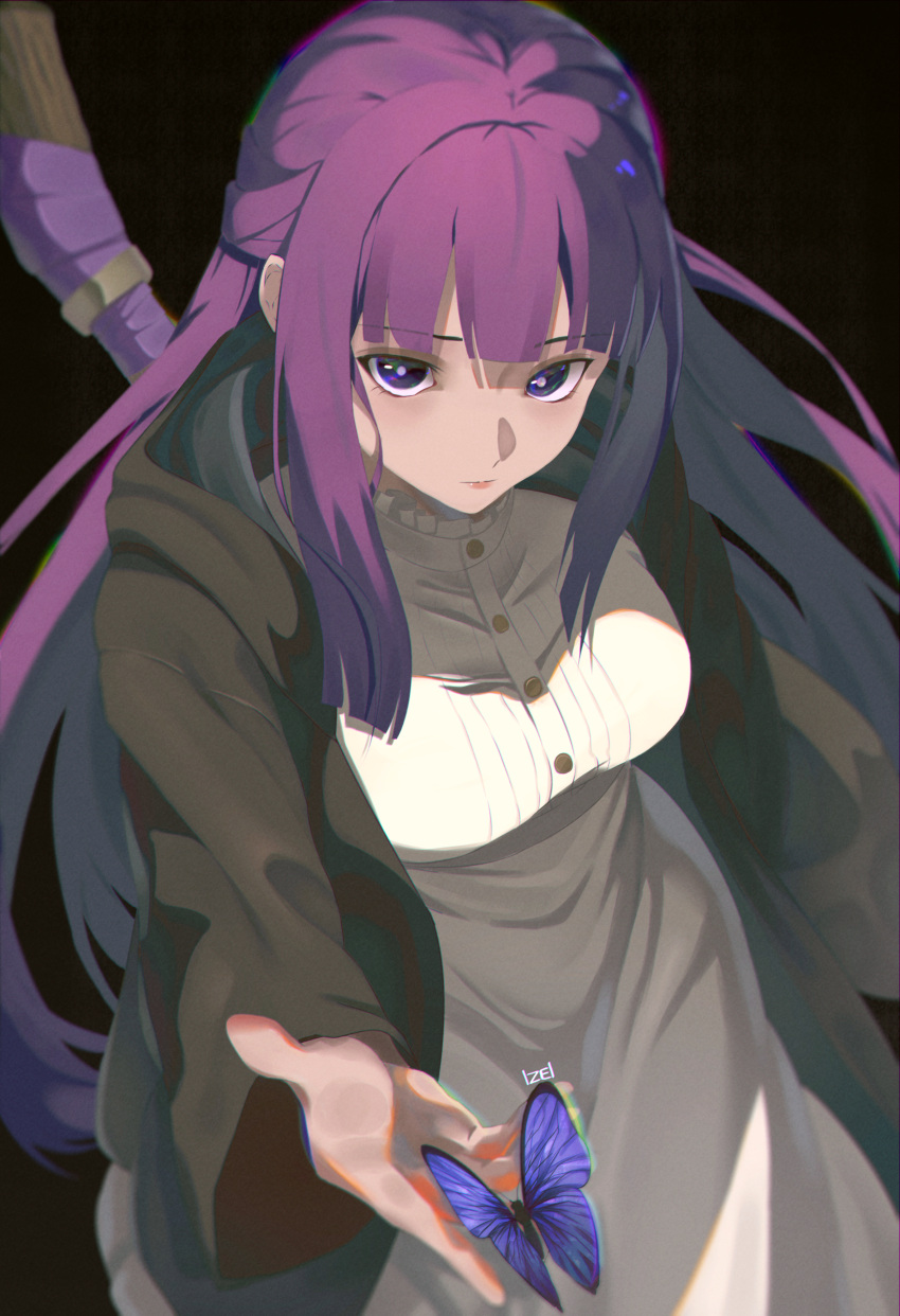 1girl, absurdres, arm_at_side, black_background, black_coat, black_robe, blue_butterfly, blunt_bangs