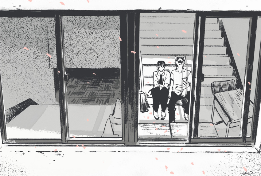 2boys, animal_ears, aoi_(monotone_blue), bag, cat_boy, cat_ears, cherry_blossoms, closed_eyes