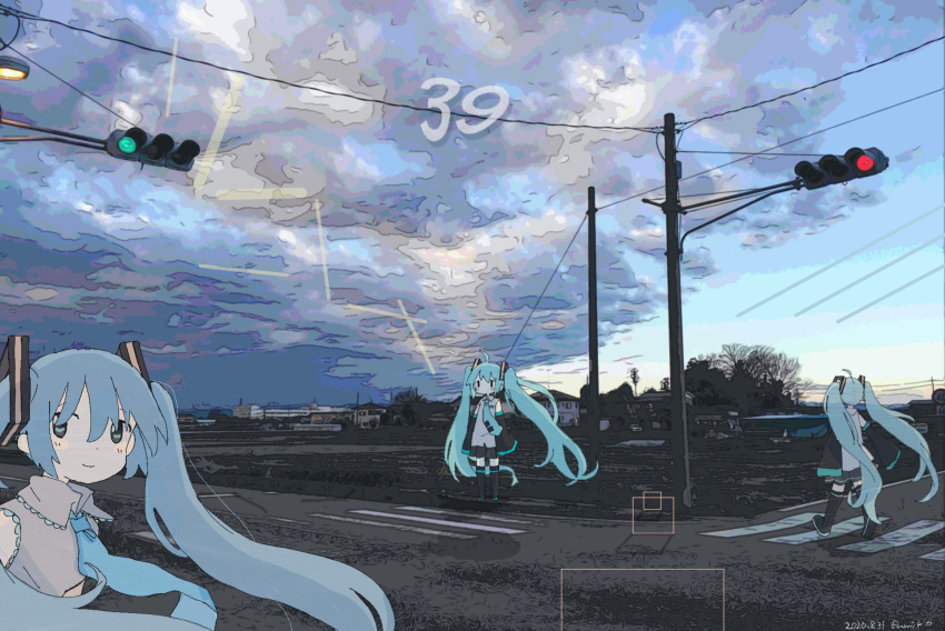 156m, 39, 3girls, ahoge, black_footwear, black_skirt, black_sleeves, blue_eyes, blue_hair, blue_necktie, blush, boots, clone, closed_mouth, collared_shirt, crosswalk, dated, detached_sleeves, facing_away, floating_hair, floating_neckwear, grey_shirt, hair_ornament, hatsune_miku, highres, house, intersection, long_hair, long_sleeves, looking_at_viewer, multiple_girls, necktie, outdoors, photo_background, pleated_skirt, power_lines, road, shirt, signature, skirt, sleeves_past_fingers, sleeves_past_wrists, smile, square, thigh_boots, traffic_light, translucent, twintails, very_long_hair, vocaloid, wide_shot