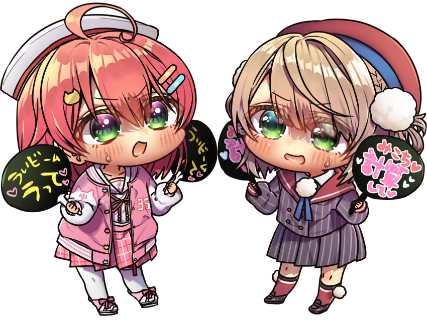 2girls, ahoge, beret, blonde_hair, blush, brown_footwear, buttons, cat_hair_ornament