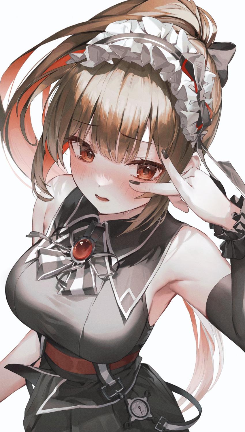 1girl, bare_shoulders, black_dress, black_nails, black_survival, blush, breasts, brown_hair