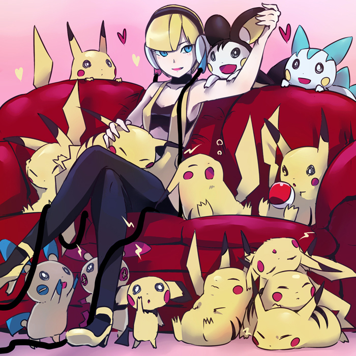 black_pantyhose, blue_eyes, bob_cut, cable, choker, emolga, gym_leader, hairy_pikachu, halterneck, headphones, heart, inaesake, kamitsure_(pokemon), legs_crossed, minun, open_mouth, pachirisu, pantyhose, pichu, pikachu, plusle, poke_ball, pokemon, pokemon_(game), pokemon_black_and_white, pokemon_bw, short_hair, too_many_pikachu, vest
