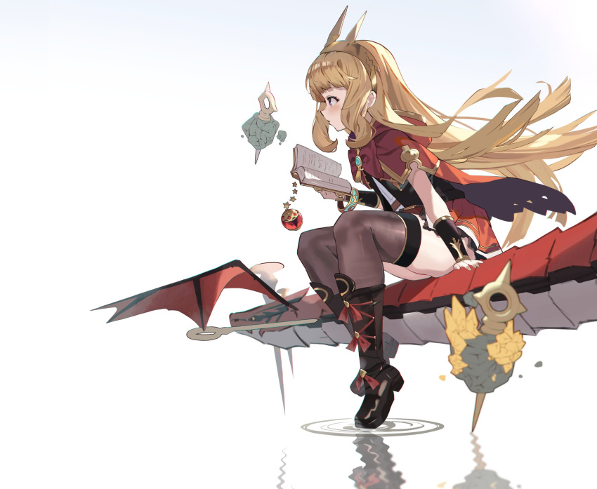 1girl, blonde_hair, book, bracer, cagliostro_(granblue_fantasy), cape, crown, dragon