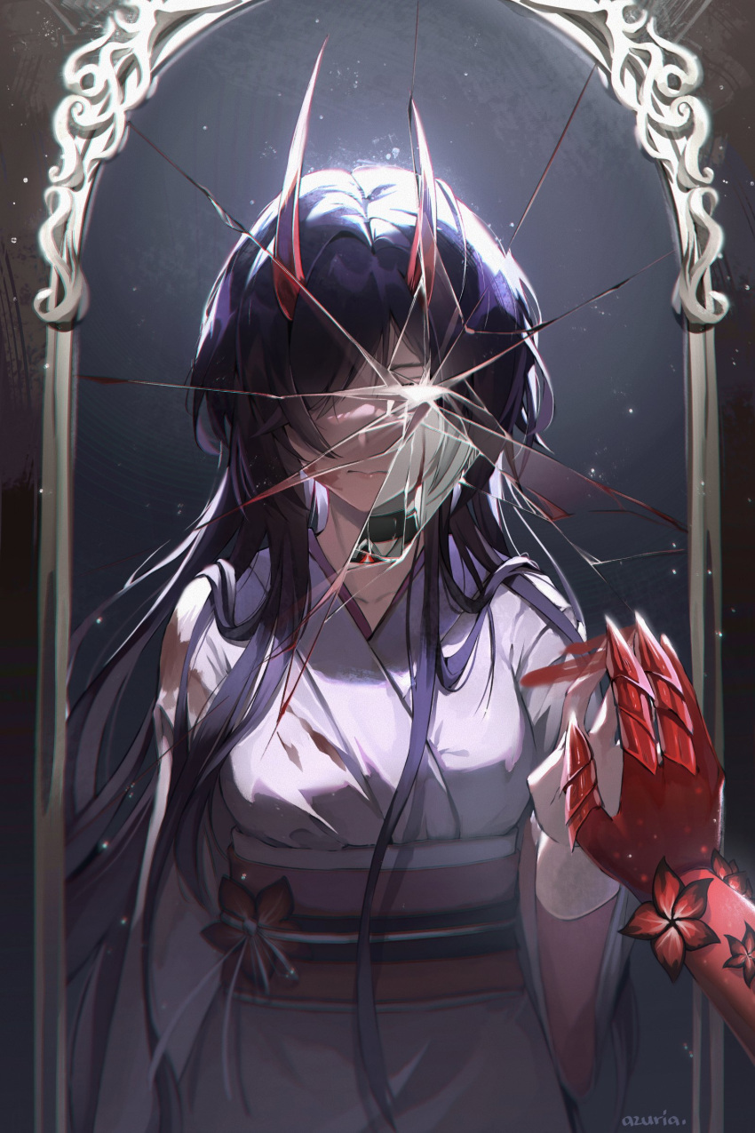 1girl, absurdres, acheron_(honkai:_star_rail), acheron_(izumo)_(honkai:_star_rail), artist_name, azuria03, black_choker, blood, blood_on_face, blood_on_mirror, broken_mirror, choker, different_reflection, flower, hair_over_one_eye, hand_on_mirror, highres, honkai:_star_rail, honkai_(series), horns, japanese_clothes, looking_at_mirror, mirror, obi, official_alternate_color, official_alternate_costume, purple_hair, red_flower, red_horns, reflection, sash, solo, upper_body