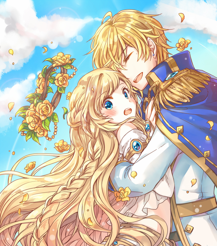 1boy, 1girl, blonde_hair, blue_eyes, braid, cape, earrings, hand_on_another's_chest, head_wreath, highres, hug, jewelry, long_hair, lostviolette, lyford_(shironeko_project), petals, raqua_(shironeko_project), shironeko_project