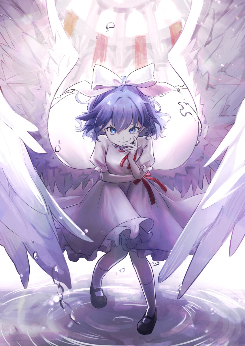 1girl, absurdres, angel_wings, black_footwear, blue_eyes, blue_hair, bow, closed_mouth