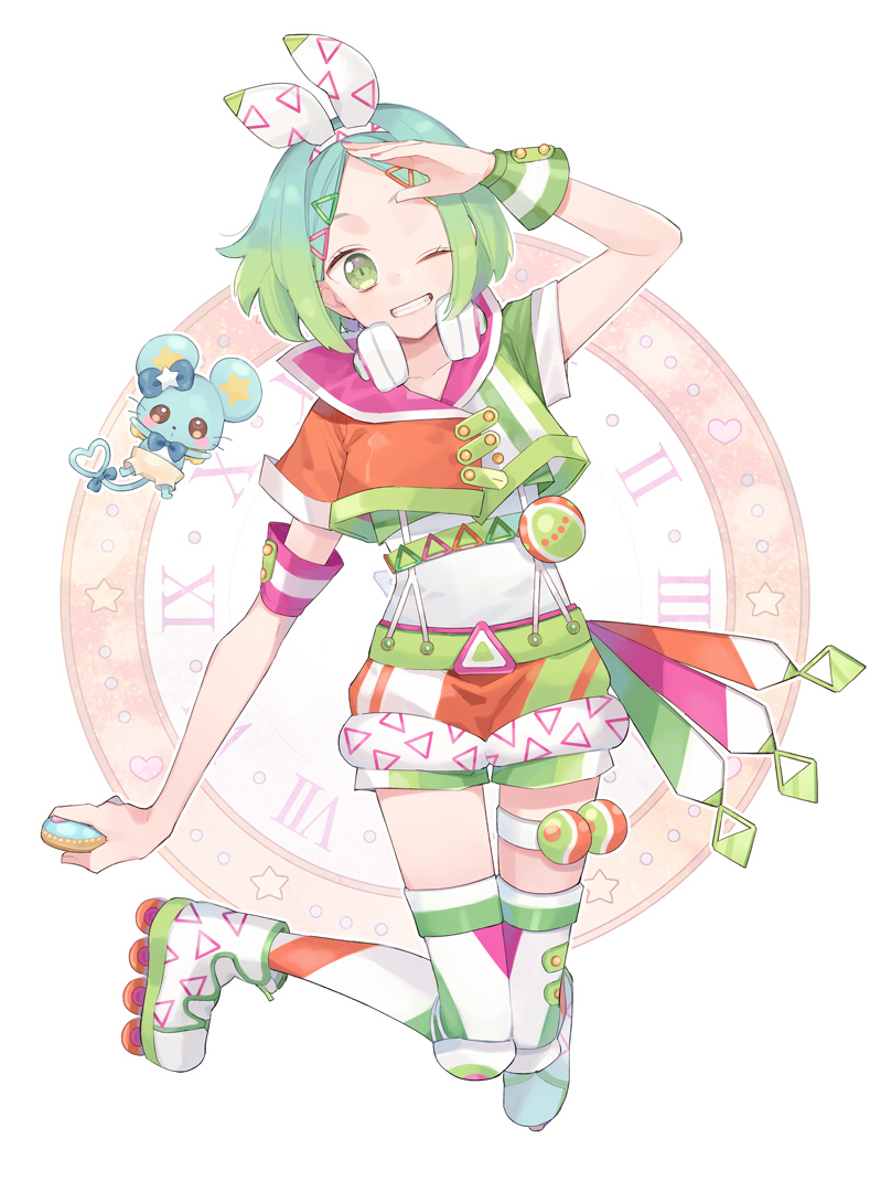 1girl, arm_up, armband, blue_hair, bow, bow_hairband, chiri_(ch!), chuppe