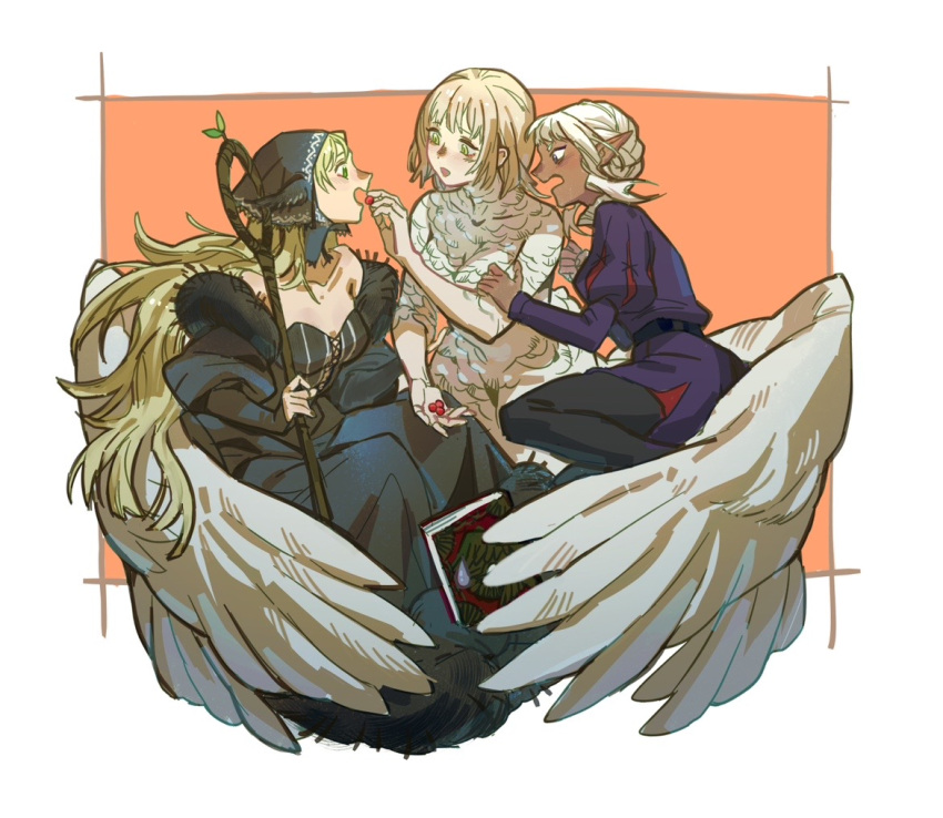 1boy, 2girls, ambrosia_(dungeon_meshi), bare_shoulders, berry, black_dress, black_pants, blonde_hair, book, border, clenched_hand, collarbone, commentary, dress, dungeon_meshi, elf, english_commentary, falin_touden, falin_touden_(chimera), feathered_wings, feathers, feeding, feet_out_of_frame, food, from_side, fruit, green_eyes, hand_on_another's_arm, head_scarf, holding, holding_food, holding_fruit, holding_staff, jacket, juliet_sleeves, lccc, long_hair, long_sleeves, looking_at_another, marcille_donato, marcille_donato_(lord), monster_girl, multiple_girls, open_mouth, orange_background, outside_border, pants, pointy_ears, profile, puffy_sleeves, purple_jacket, short_hair, simple_background, spoilers, staff, thistle_(dungeon_meshi), white_border, wing_hug, wings