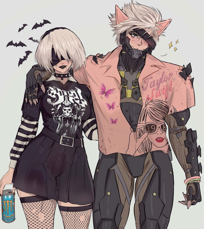 1boy, 1girl, 2b_(nier:automata), animal_ears, arm_on_another's_shoulder, belt, black_blindfold, black_dress