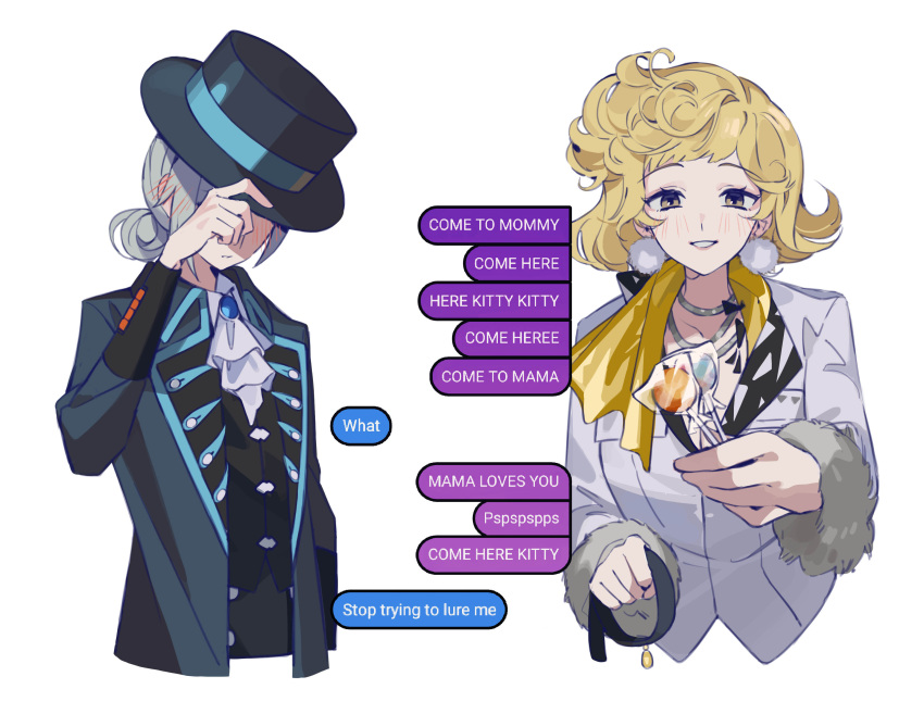 2girls, absurdres, adjusting_clothes, adjusting_headwear, ascot, black_coat, black_hat, black_vest
