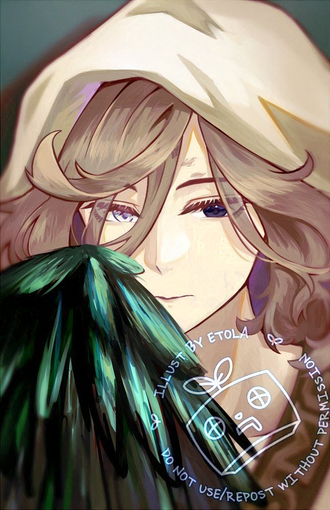 1boy, artist_logo, bird_wings, black_eyes, brown_hair, closed_mouth, covering_face, etola