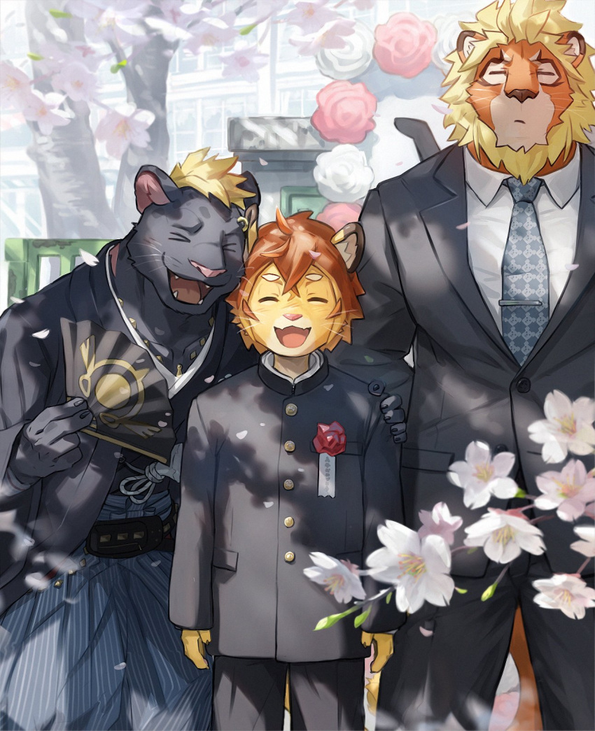 3boys, animal_ears, arm_behind_back, black_kimono, black_pants, black_suit, blush, cherry_blossoms, claw_(world_flipper), claws, closed_eyes, closed_mouth, fangs, folding_fan, furry, furry_male, hand_fan, hand_on_another's_shoulder, hashtag-only_commentary, highres, holding, holding_fan, japanese_clothes, kimono, lion_boy, lion_ears, lion_mane, lion_tail, magnos_(world_flipper), male_focus, multiple_boys, necktie, open_mouth, panther_boy, panther_ears, pants, school_gateway, school_uniform, shirt, skin_fangs, smile, suit, tail, theo_(world_flipper), waahurikya, whiskers, white_shirt, world_flipper