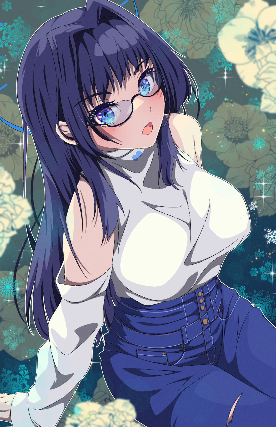 1girl, black_hair, blue_eyes, blue_hair, blue_pants, blunt_bangs, blush, breasts