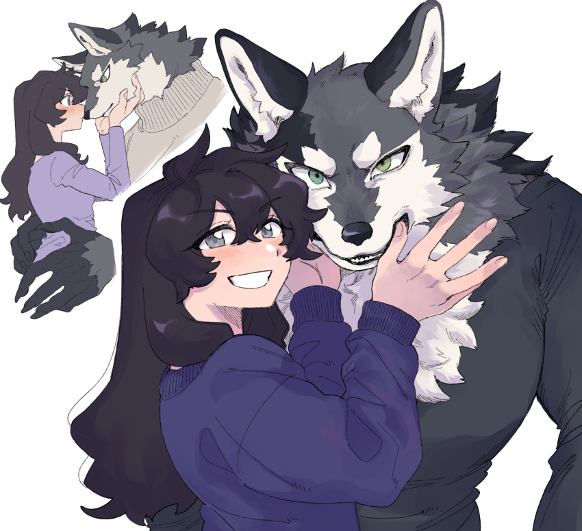 1boy, 1girl, animal_ears, black_hair, black_shirt, blush, commentary_request, fingernails, furry, furry_male, furry_with_non-furry, green_eyes, grey_eyes, grey_fur, grin, hand_in_another's_mouth, hands_up, hetero, highres, holding_another's_head, interspecies, large_hands, long_hair, long_sleeves, looking_at_another, looking_at_viewer, multiple_views, open_mouth, original, purple_sweater, rata_(norahasu), sharp_fingernails, shirt, simple_background, smile, sweater, upper_body, white_background, white_fur, wolf_boy, wolf_ears