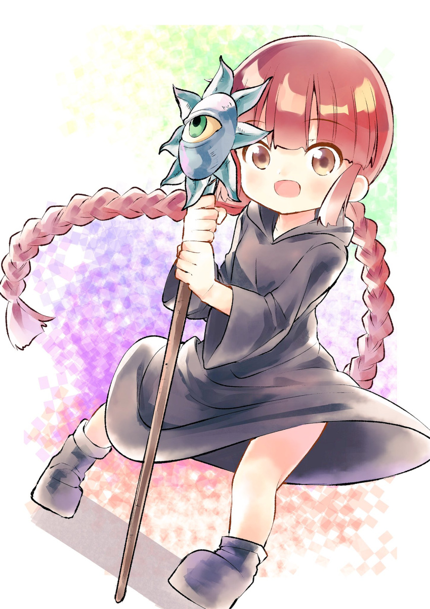 1girl, bobujirou, boots, braid, brown_eyes, child, flat_chest, floating_hair